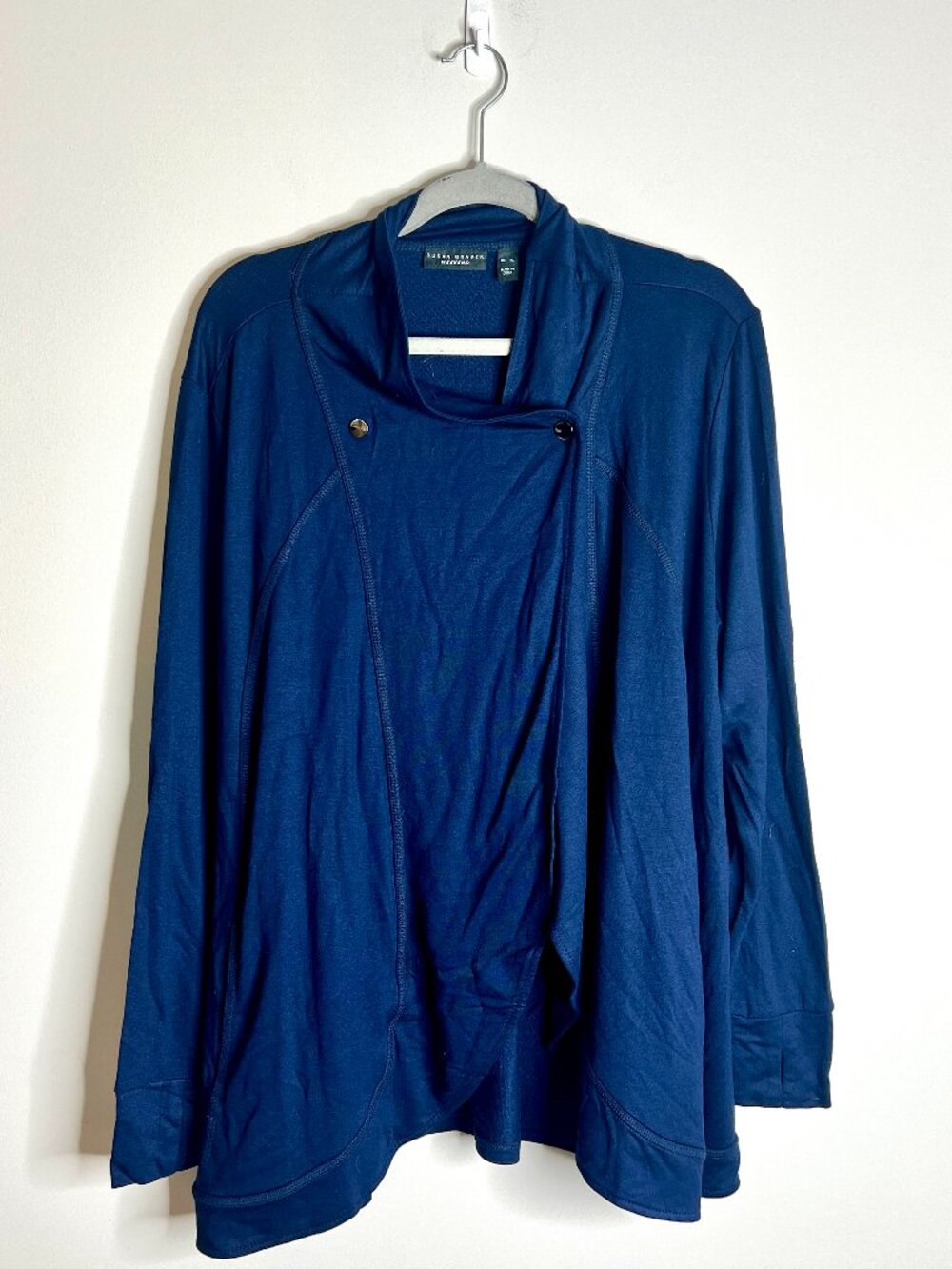 Susan Graver Navy Liquid Knit Cowl Neck Button Up Long Sleeve Blouse Staple XL